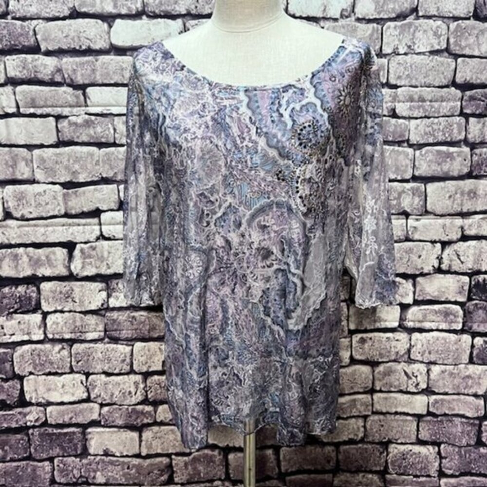 Essentials Purple, Blue & White 3/4 Sleeve Blouse Size X